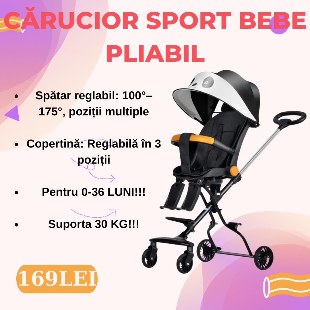 Cărucior Sport Bebe Pliabil cu Șezut Rotativ 360°, Spătar Reglabil, Coș de Cumpărături, Roți EVA și Frână – AT PERFORMANCE®, Alb/Albastru/Roz